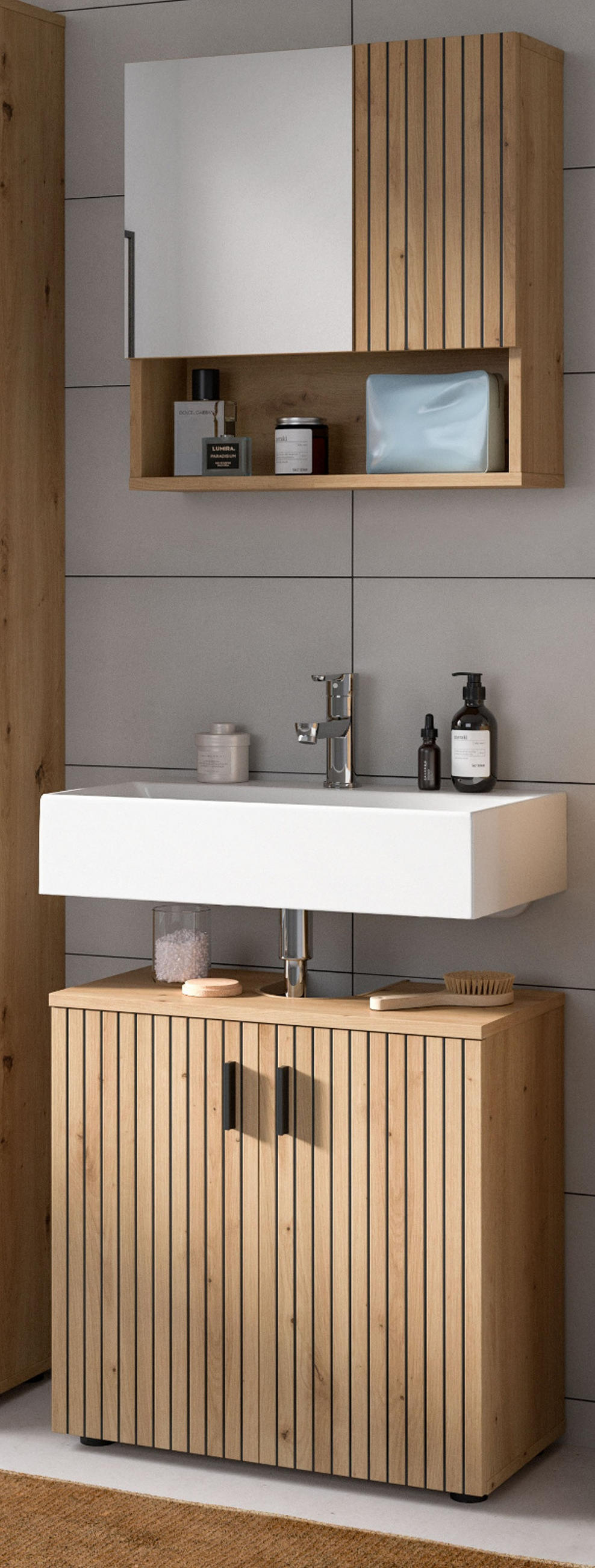 BADMÖBEL-SET Eiche Artisan 2-teilig 60 cm, Badezimmerkombination mit Rillen-Optik - Schwarz/Eiche Artisan, Glas/Holzwerkstoff (60/180/30cm) - Inn.Furn