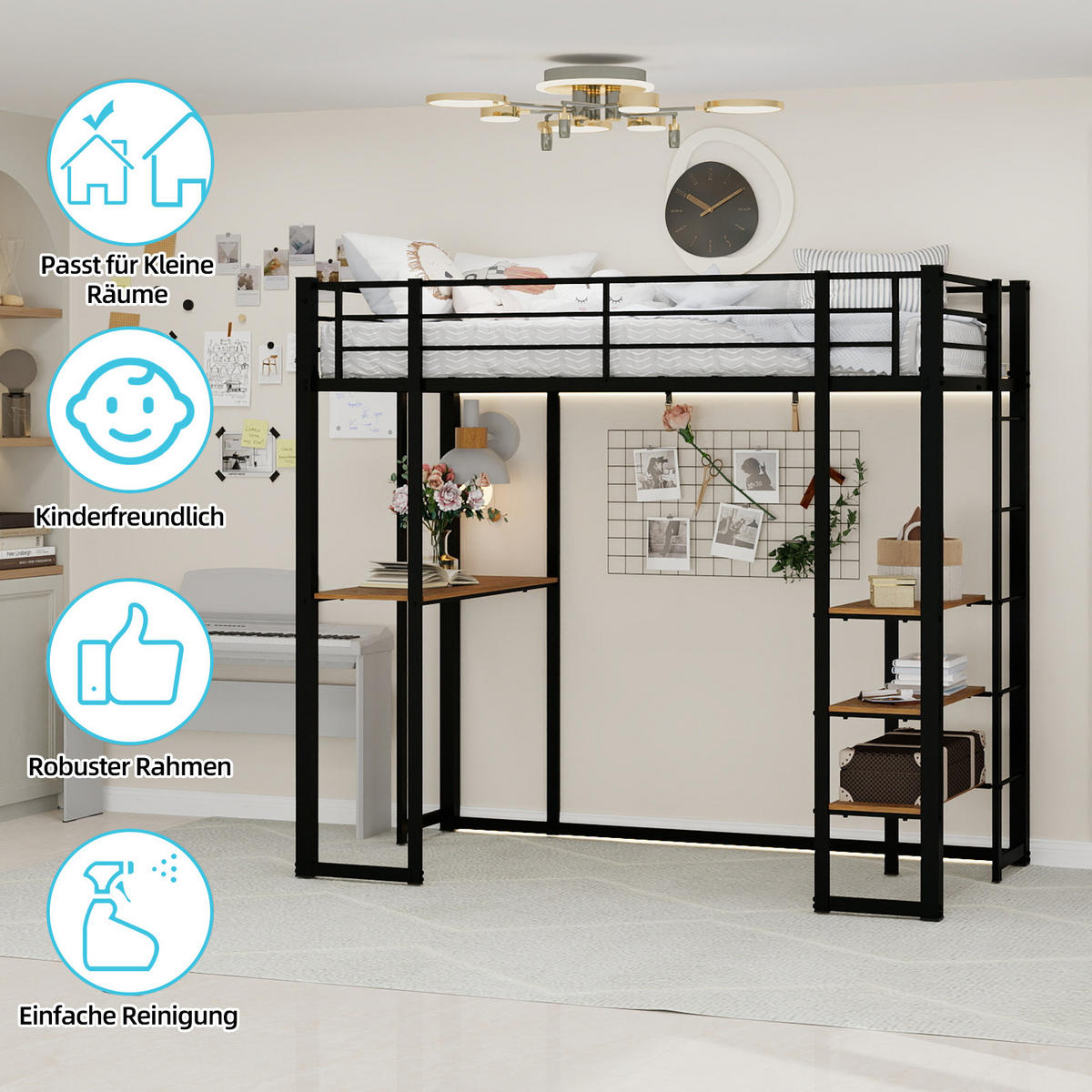 EISENBETT 90x190cm, Bett, Tisch, Geländer, Treppen, Stauraum, Kinder, Jugend - Schwarz, Metall (100/200cm)