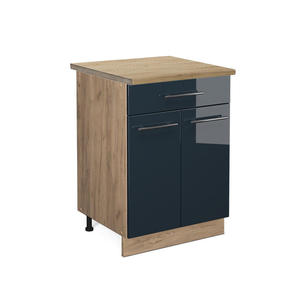 KÜCHENUNTERSCHRANK Fame-Line Dunkelblau Hochglanz 60 cm mit Schublade AP Eiche - Eiche Wotan/Dunkelblau, Holzwerkstoff (60/82/60cm) - Vicco