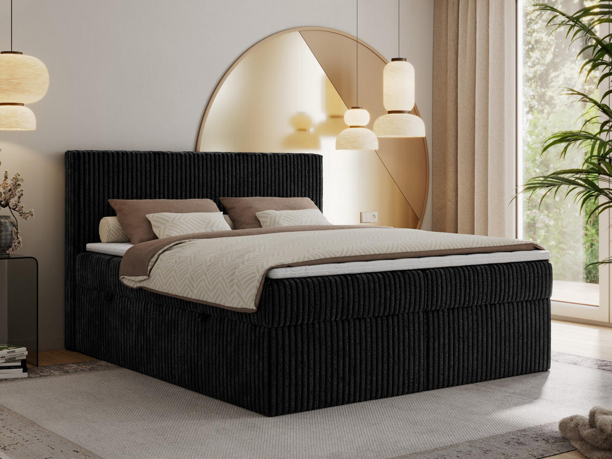 BOXBETT TILIANO 160/200 - Schwarz Cord - H3 - Schwarz, Textil (160/200cm)