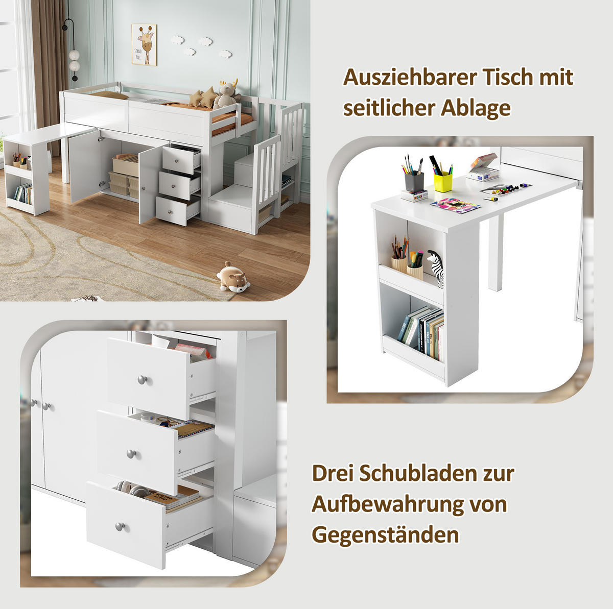 HOCHBETT 90/200 cm mit ausziehbarem Schreibtisch, Schrank, Schubladen und Treppenschrank aus MDF, Weiß - Weiß, Holzwerkstoff (90/200cm) - Redom