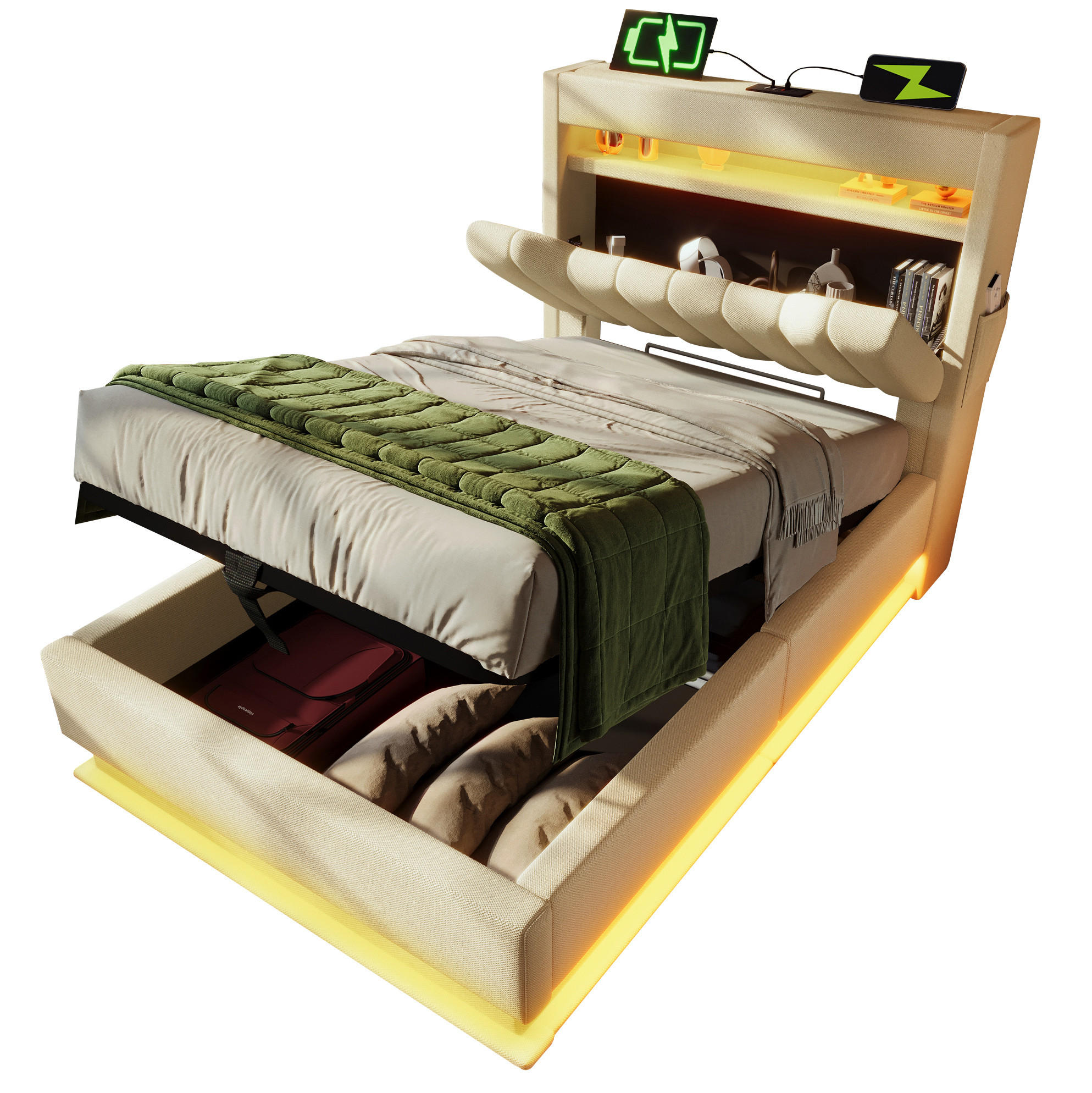 OKWISH ČALOUNĚNÁ postel 90/200 cm béžová ze lnu s LED osvětlením a úložným prostorem