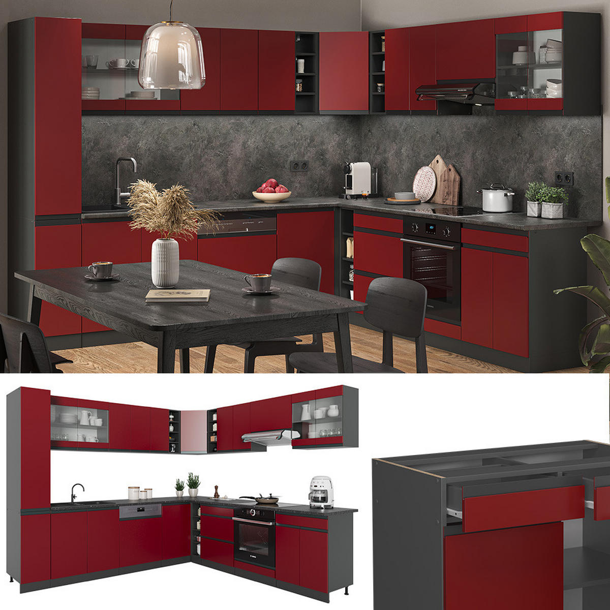 ECKKÜCHE R-Line Rot/Anthrazit 257 x 277 cm J-Shape, AP Eiche - Anthrazit/Rot, Holzwerkstoff (277/81.6/60cm) - Vicco