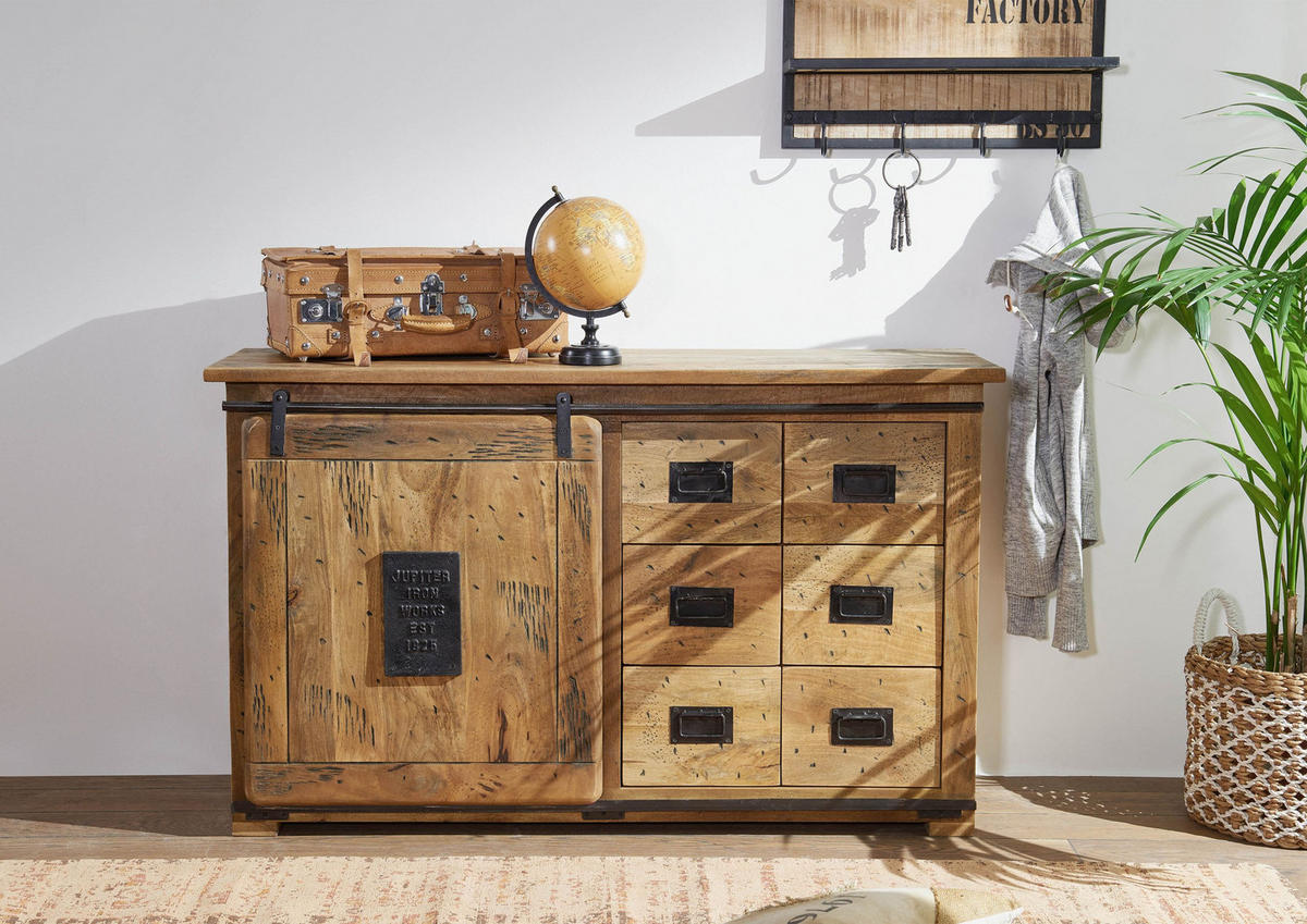 SIDEBOARD Mango 140x45x85 natur lackiert RAILWAY #121 - Braun, Holz (140/85/45cm) - Massivmoebel24