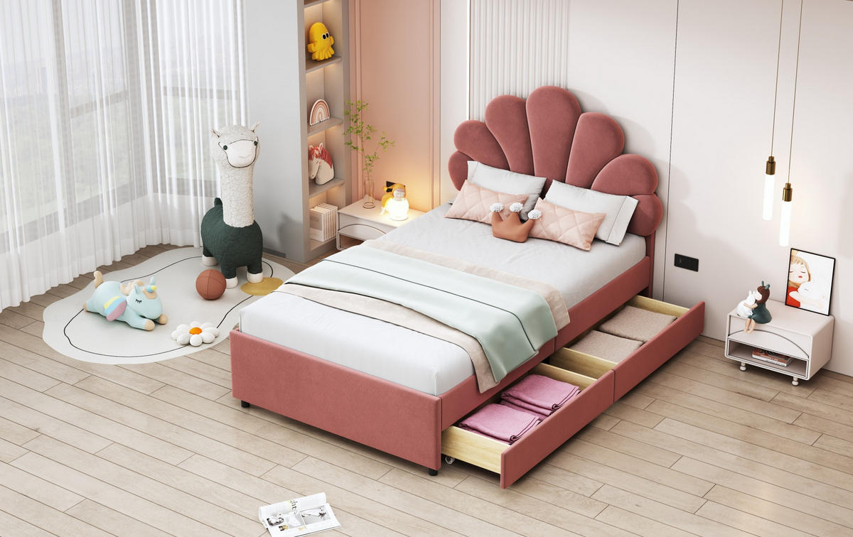 POLSTERBETT 90/200 cm Rosa aus Samt mit 2 Schubladen - Dunkelrosa, Textil (90/200cm) - OKMYHOME