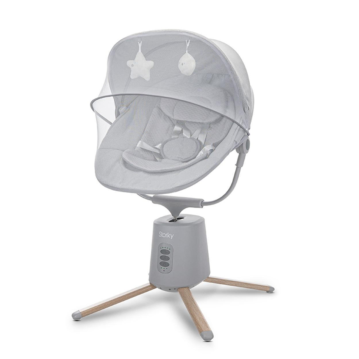BABYWIPPE Storky grau Bluetooth, Fernbedienung, Timer, 5-Punkt-Gurt, Holzoptik-Füße - Grau, Metall - Lorelli