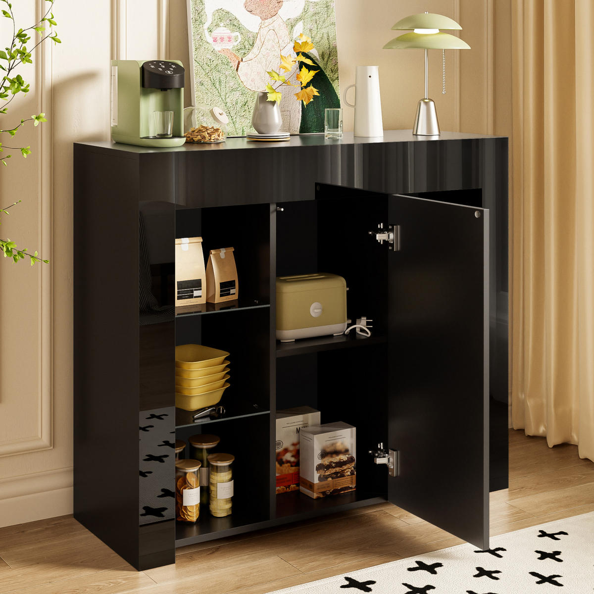 SIDEBOARD Schwarz, Hochglanzfront, Glasregale, kompakter Stauraum - Schwarz, Holz (95/83/35cm)