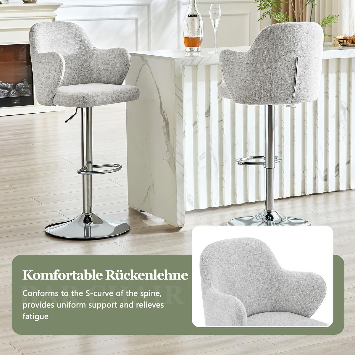 BARHOCKER 2er-Set Hellgrau höhenverstellbar & drehbar mit Armlehnen - Hellgrau, Textil (45/118/37.6cm) - PANGIVO