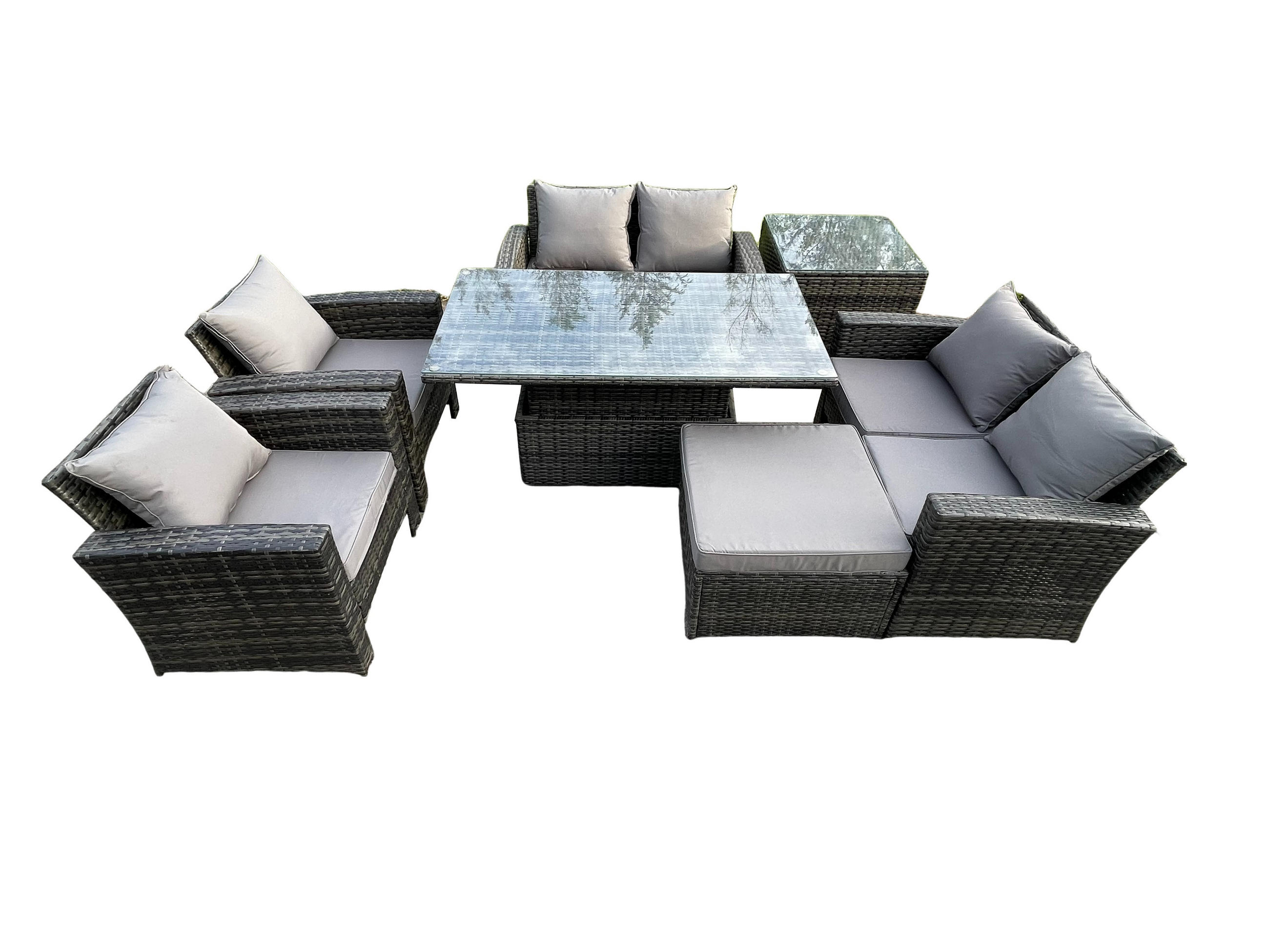 GARTENMÖBEL-SET HÖHENVERSTELLBARER ESSTISCH SOFA SET MIT DOPPELSITZ-SOFA BEISTELLTISCH HOCKER Polyrattan Dunkelgrau Gemischt 7-Sitzer - Dunkelgrau, Metall - Fimous