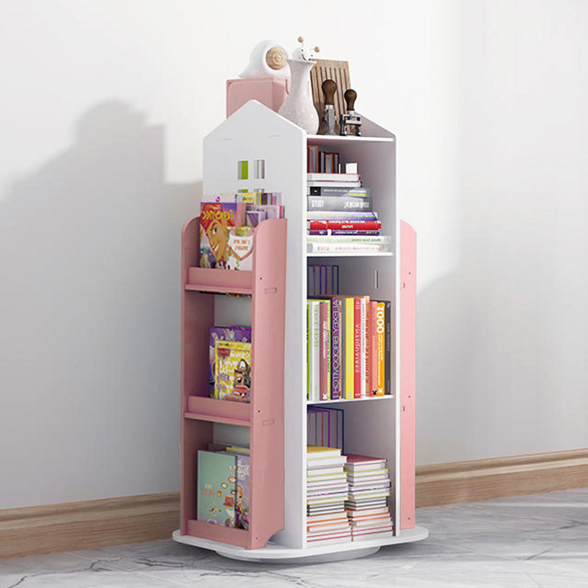 KINDERBÜCHERREGAL aus WPC-Platte in Weiß Rosa Drehbar Hausform Praktisch Sicher für Kinder kinderfreundlich 41 x 41 x 95 cm - Weiß/Rosa, Holzwerkstoff (41/96/41cm) - Livingandhome