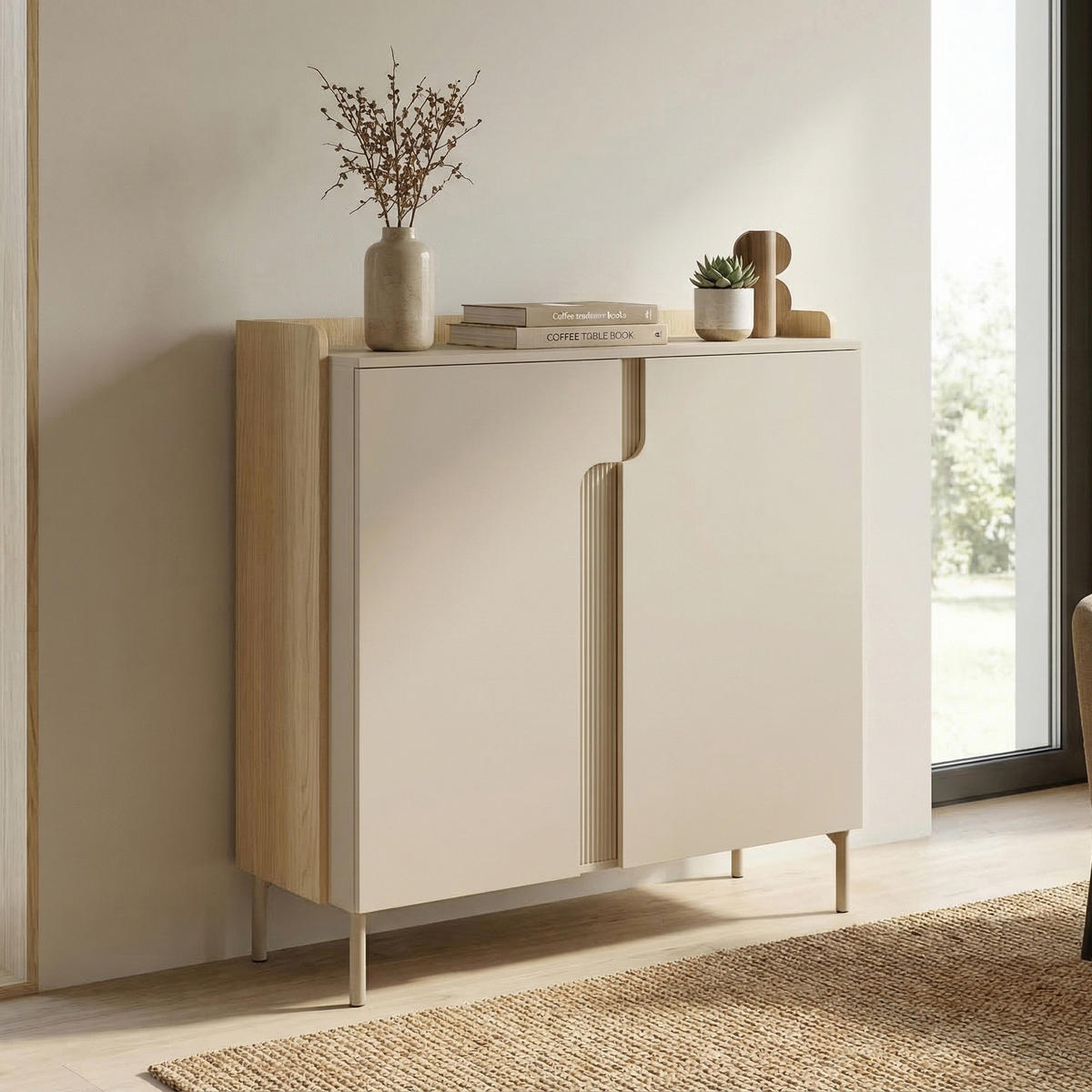 KOMMODE Positivo, Hochkommode mit 2 Türen, 103 cm, Mavelie-Eiche + Macadamia - Eichefarben, Holzwerkstoff (103/110/42cm) - Beautysofa