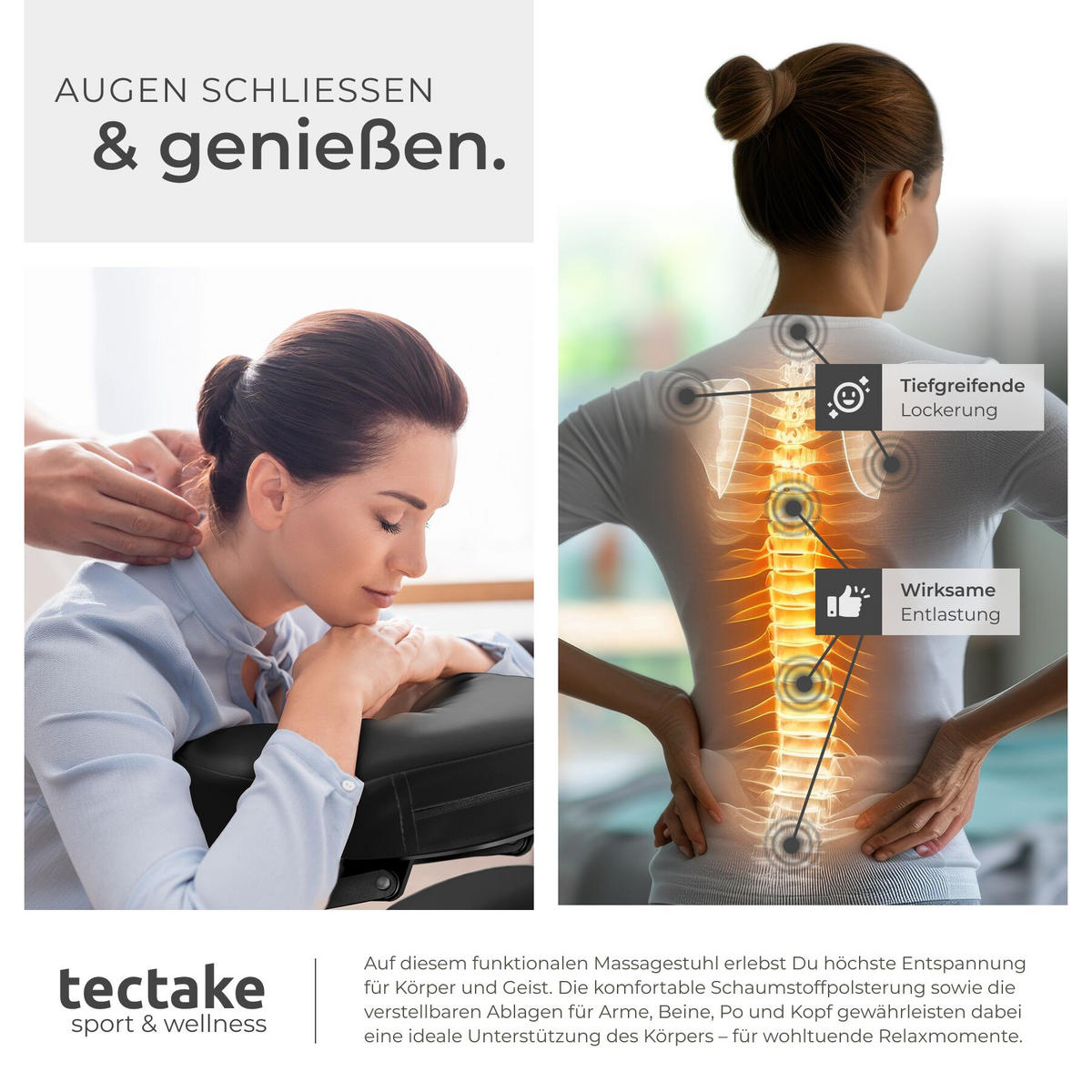 MASSAGESTUHL , 80 x 50 x 105 cm, schwarz - Schwarz, Metall (50/105/80cm) - tectake