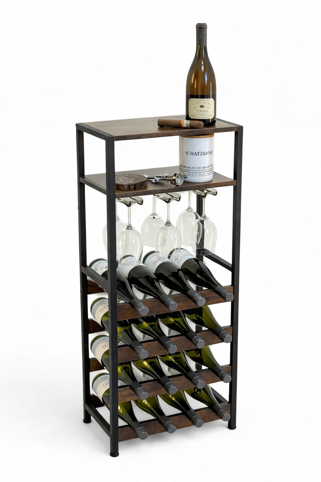 WEINREGAL 16-Flaschen mit Glashalter Metall/Holz Schwarz 41,5/24/100 cm - Schwarz, Metall (41.5/100/24cm) - DanDiBo