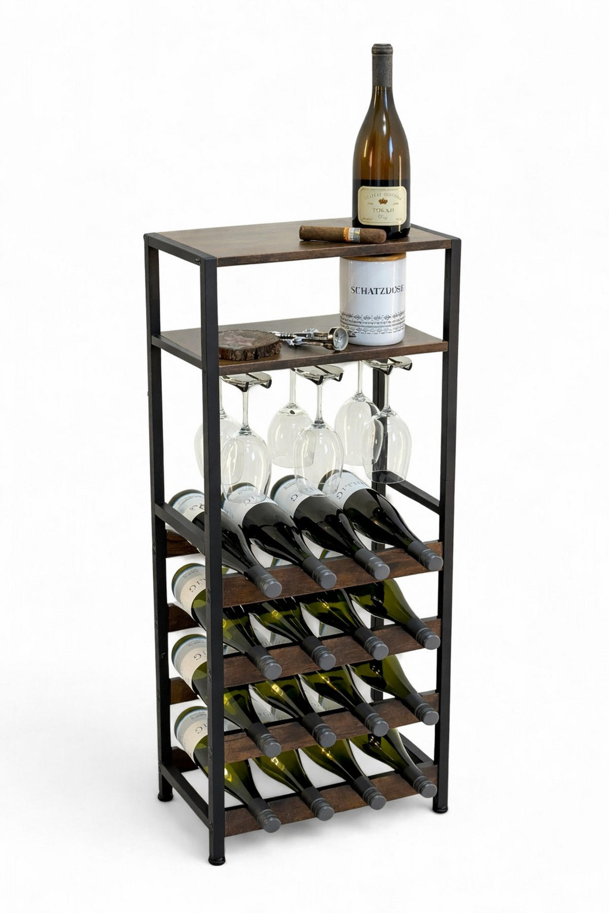 WEINREGAL 16-Flaschen mit Glashalter Metall/Holz Schwarz 41,5/24/100 cm - Schwarz, Metall (41.5/100/24cm) - DanDiBo
