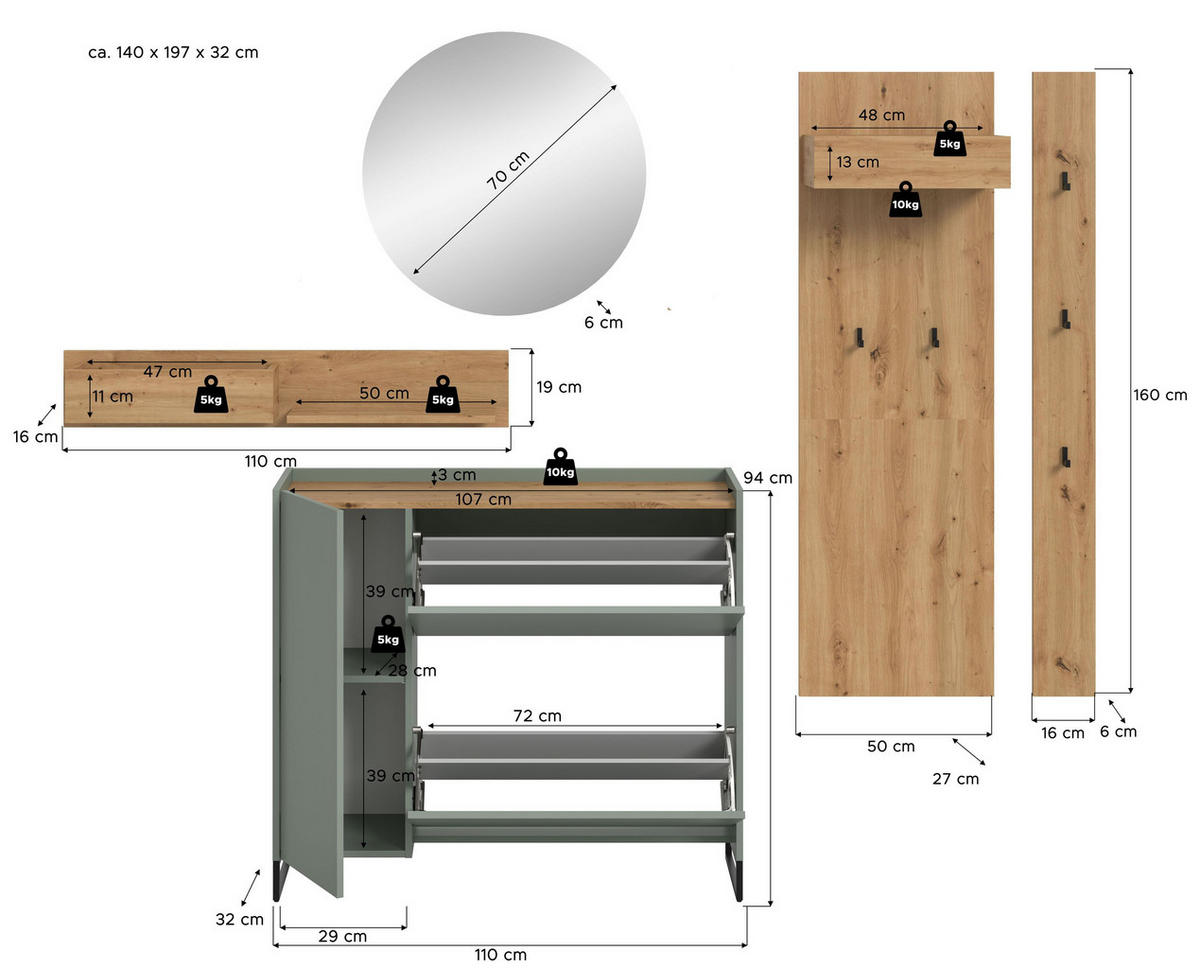 GARDEROBE Flow (B/H/T: ca. 236/197/32 cm) 5 tlg. in Salbei/Salbei - Salbeigrün, Holzwerkstoff (236/197/32cm) - Homes & Jones