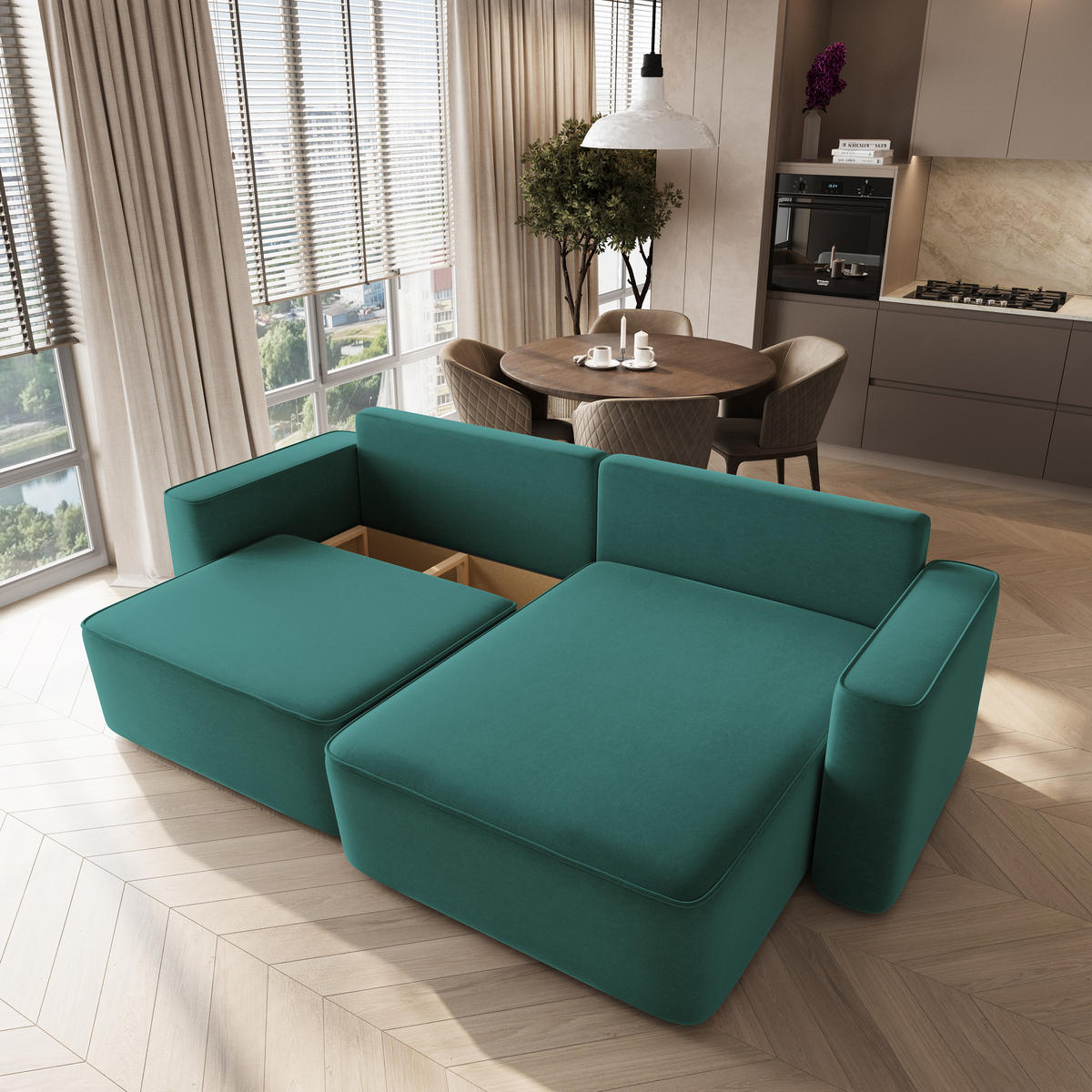 ECKSOFA BELISE CL Blau Veloursstoff mit Schlaffunktion - Türkis, Holz/Textil (252/162cm) - MASSENO