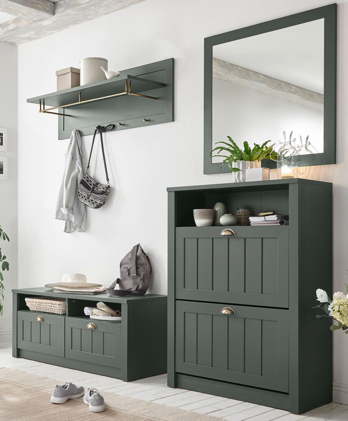 GARDEROBENPANEEL grün, Landhausstil, Wandgarderobe 109 x 40 cm - Grün, Holzwerkstoff (109/40/20cm) - Furn.Design