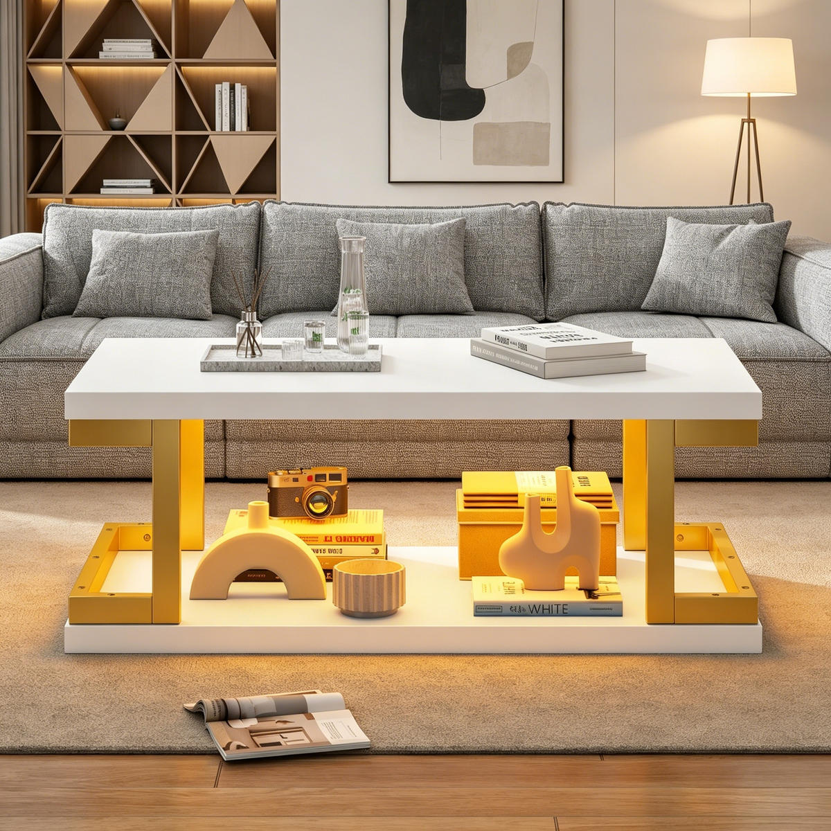 COUCHTISCH in Weiß und Gold mit LED-Beleuchtung für Wohnzimmer und Esszimmer, B100/T50/H37,5 cm - Goldfarben/Weiß, Holzwerkstoff/Metall (50/100/37.5cm) - STILVORA