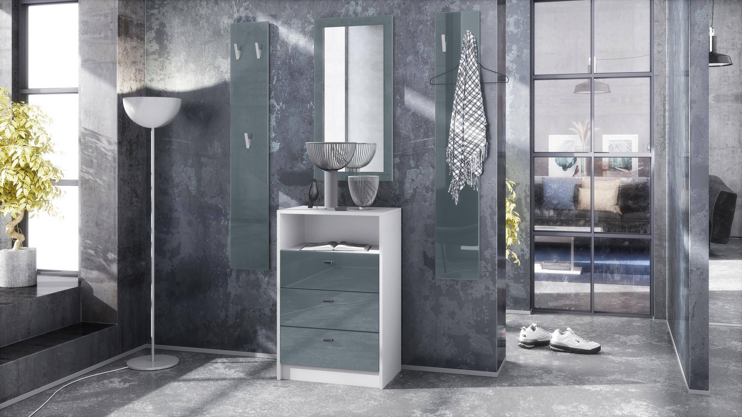 GARDEROBE Pino Grau Hochglanz - Grau, Holzwerkstoff (135/190/36cm) - Vladon