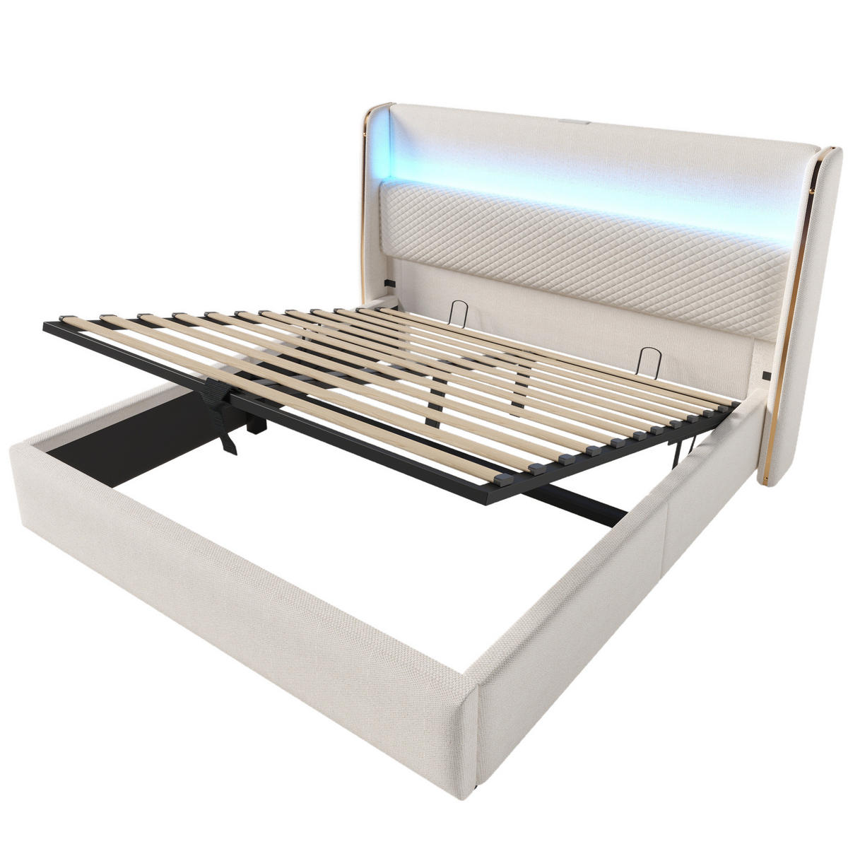 ČALÚNENÁ posteľ 160/200 cm s LED osvetlením, USB/Type-C nabíjacou stanicou a hydraulickým úložným priestorom, Béžová - béžová, textil (160/200cm) - Redom