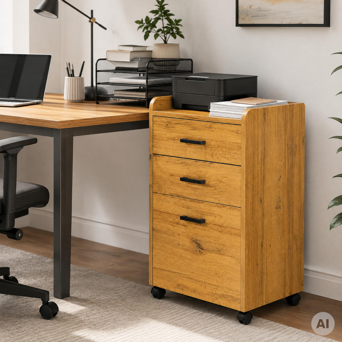 ROLLCONTAINER Holzwerkstoff Eiche Büroschrank 40 x 42 x 72 cm 3 Schubladen auf Rollen - Eichefarben/Schwarz, Holzwerkstoff (42/72/40cm) - Begryf
