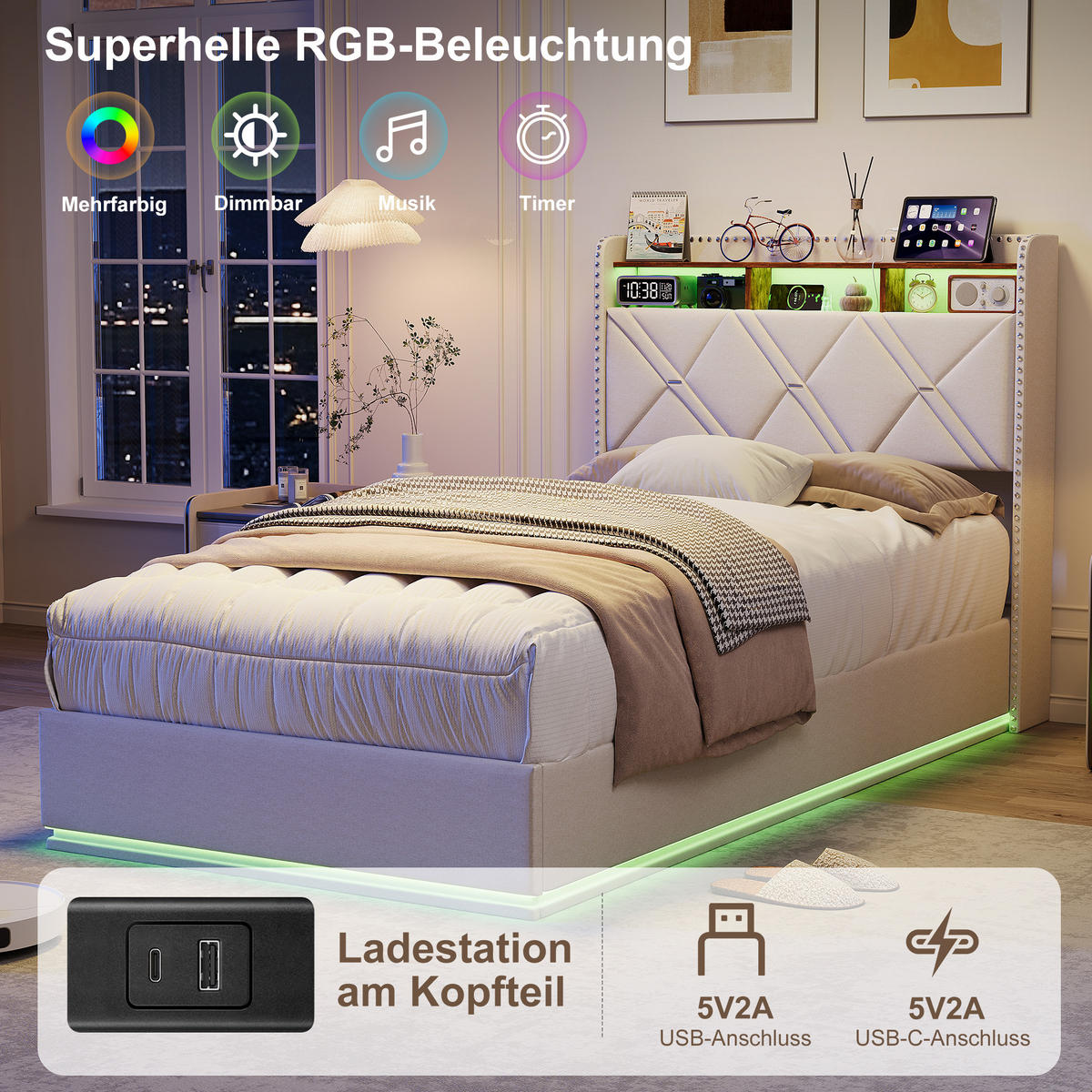 POLSTERBETT 90/200 cm Beige mit hydraulischem Stauraum, LED mit Ablage und USB - Beige, Metall (90/200cm) - EuroLiving