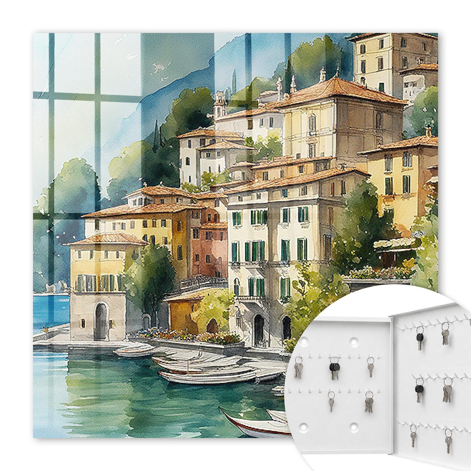 SCHLÜSSELBOX Weiß 30x30 cm – Türöffnung nach rechts - Italienische Landschaft - Grün, Metall (30/30/5cm) - TULUP