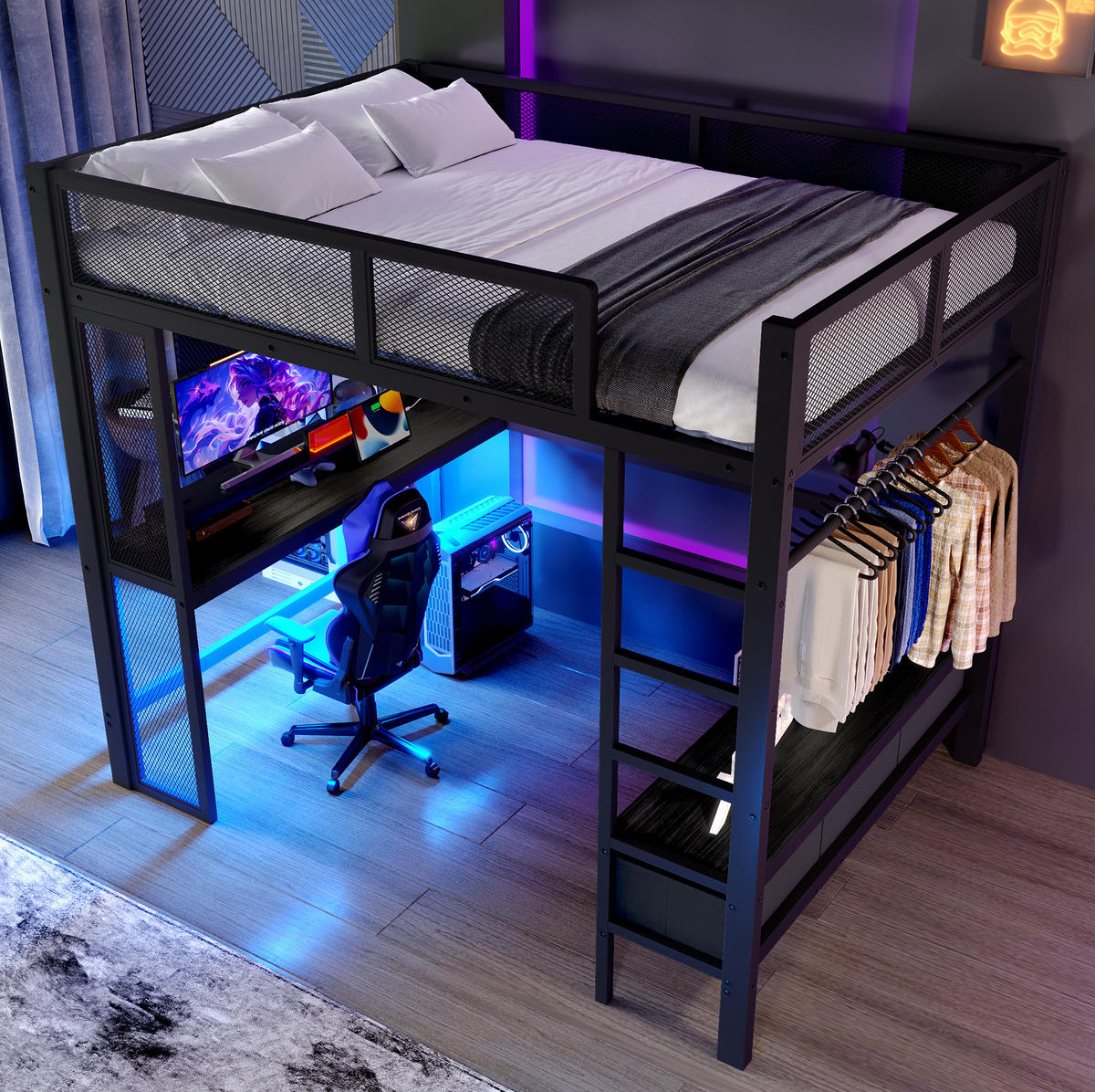 VYSOKÁ posteľ 140/200 cm čierna z MDF a kovu s LED, USB, písacím stolom a otvoreným šatníkom - čierna, kompozitné drevo (140/200cm) - OKWISH