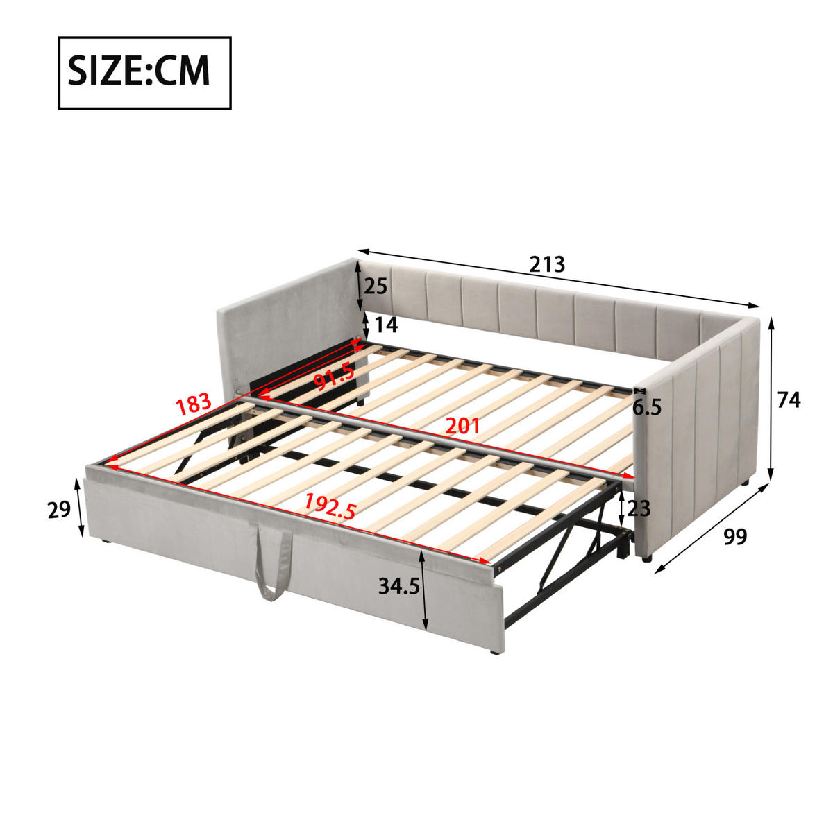 ROZKLÁDACÍ postel 90/200 cm šedá ze sametu s výsuvným lůžkem a lamelovým roštem - šedá, kůže (90/200cm) - OKWISH