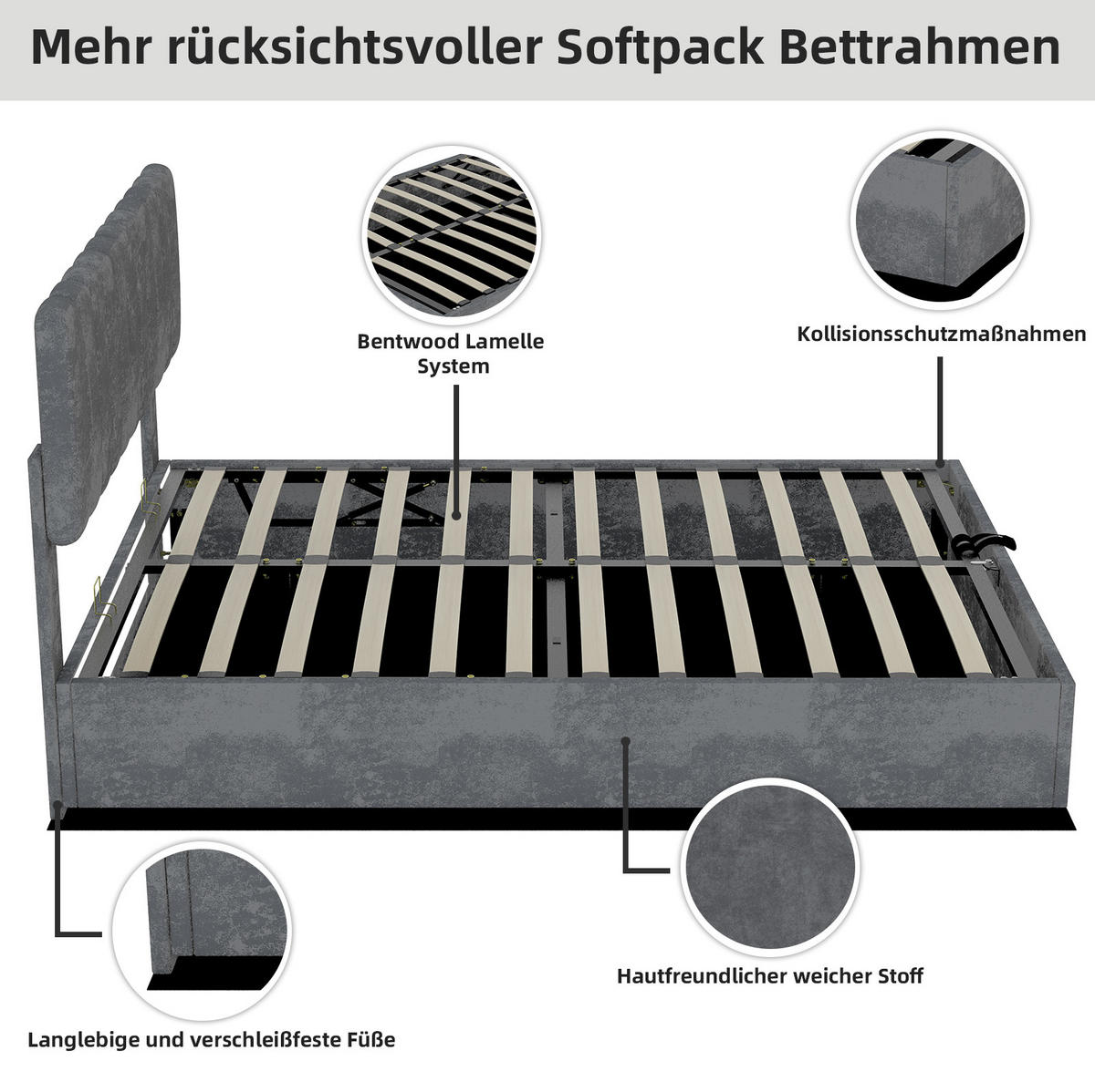POLSTERBETT 160/200 cm grau aus Stoff und Metall mit Stauraum - Grau, Textil (160/200cm) - OKWISH