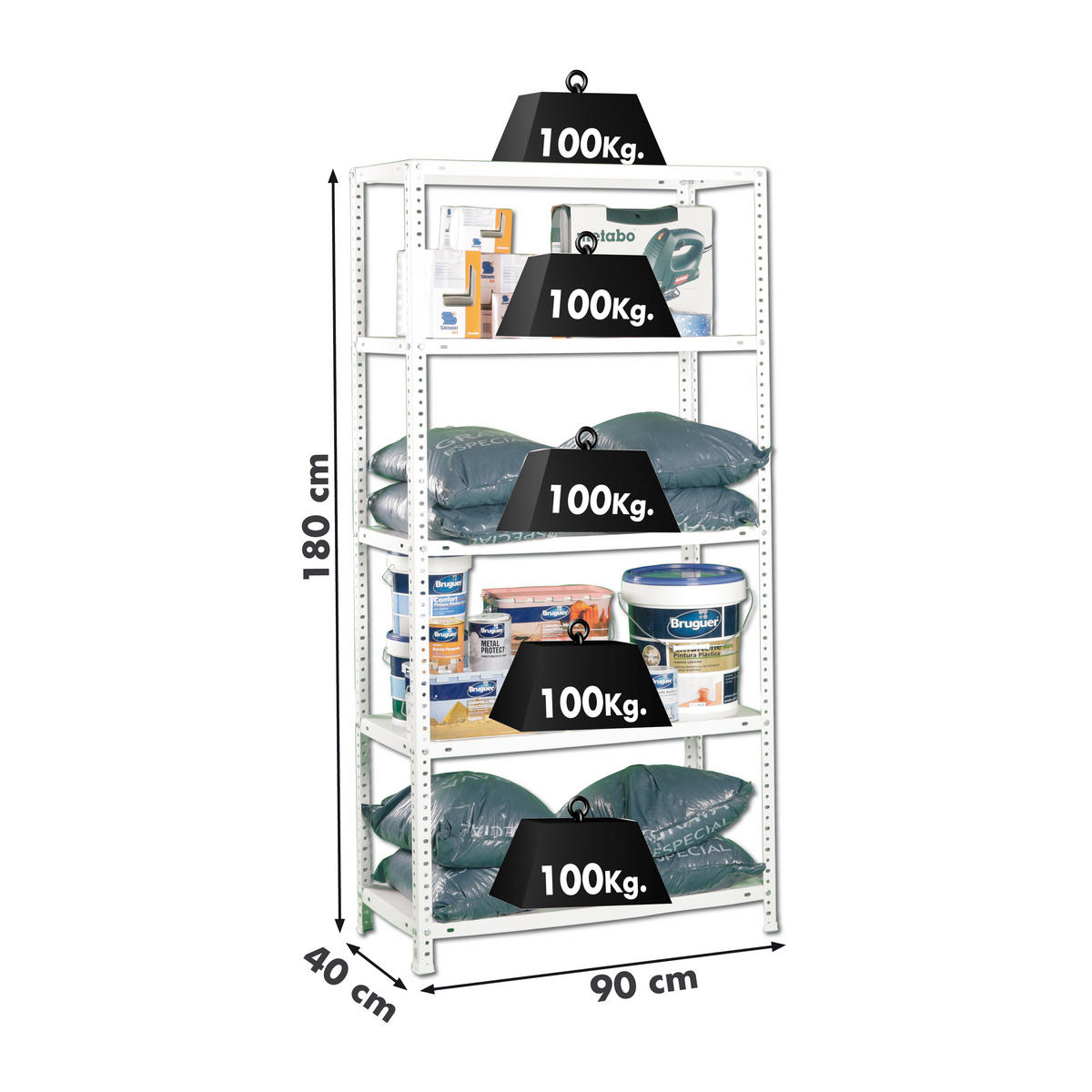 SCHRAUBREGAL PANDA | HxBxT 180x90x50cm | 5 Fachböden | Fachlast 100kg | Weiß - Weiß, Metall (90/180/50cm) - Sonstige