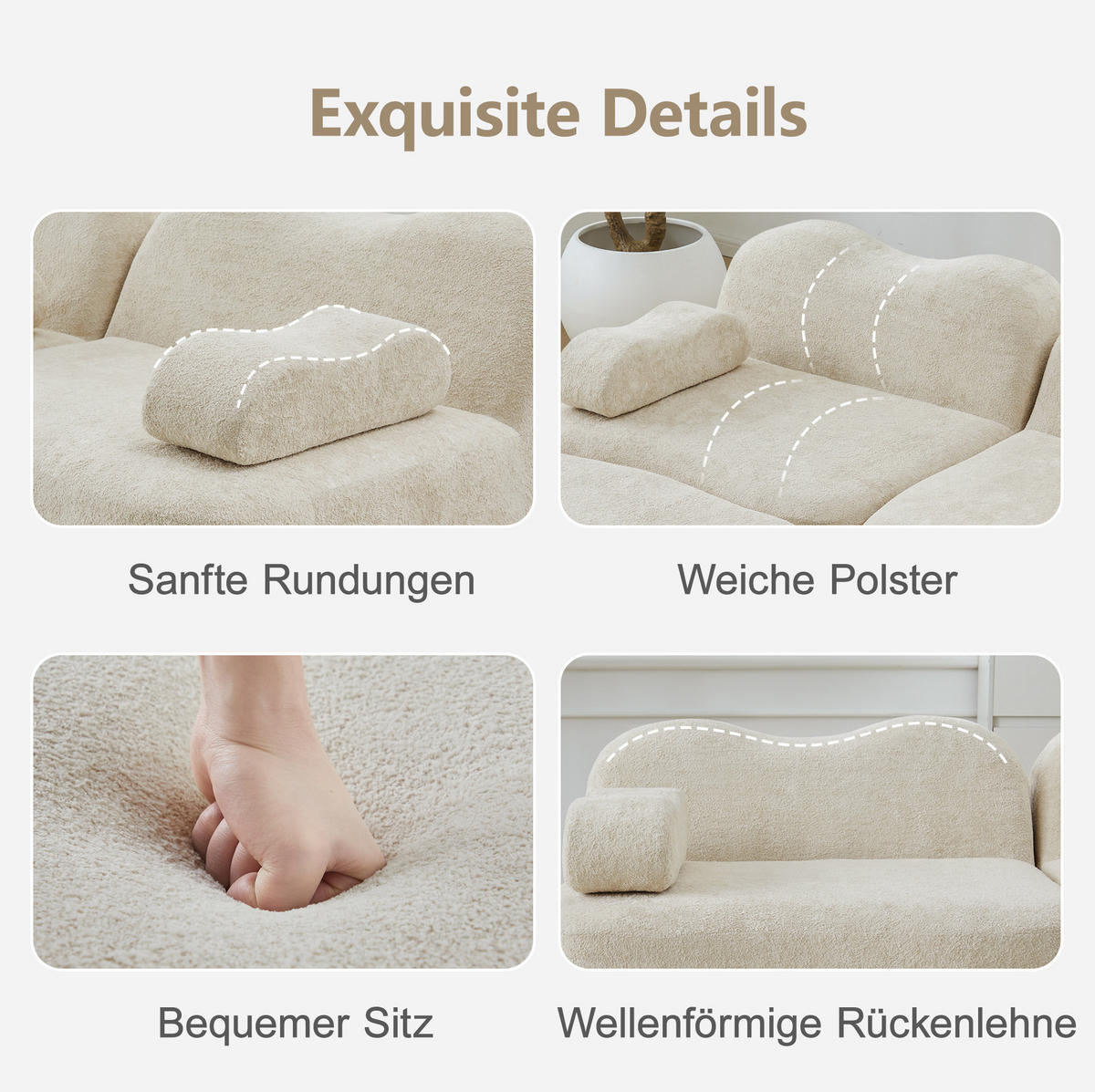 SOFA 384/98/70 cm in Beige aus Samt mit Wellenform - Beige, Textil (98/70/384cm) - Flora Grace