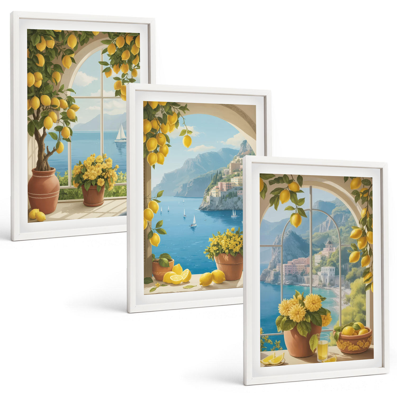 BILDER SET 3er Set - 40x60 cm Weißer Rahmen - Meereslandschaften, Zitronen, Fenster - Weiß, Kunststoff (40/60cm) - TULUP
