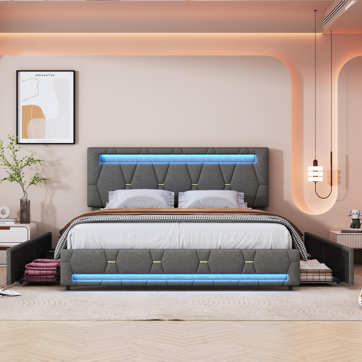 BETT 140 x 200 cm mit 4 Schubladen und LED, mit LED-Kopftei - Grau, Holzwerkstoff/Textil (140/200cm) - WoodenAura