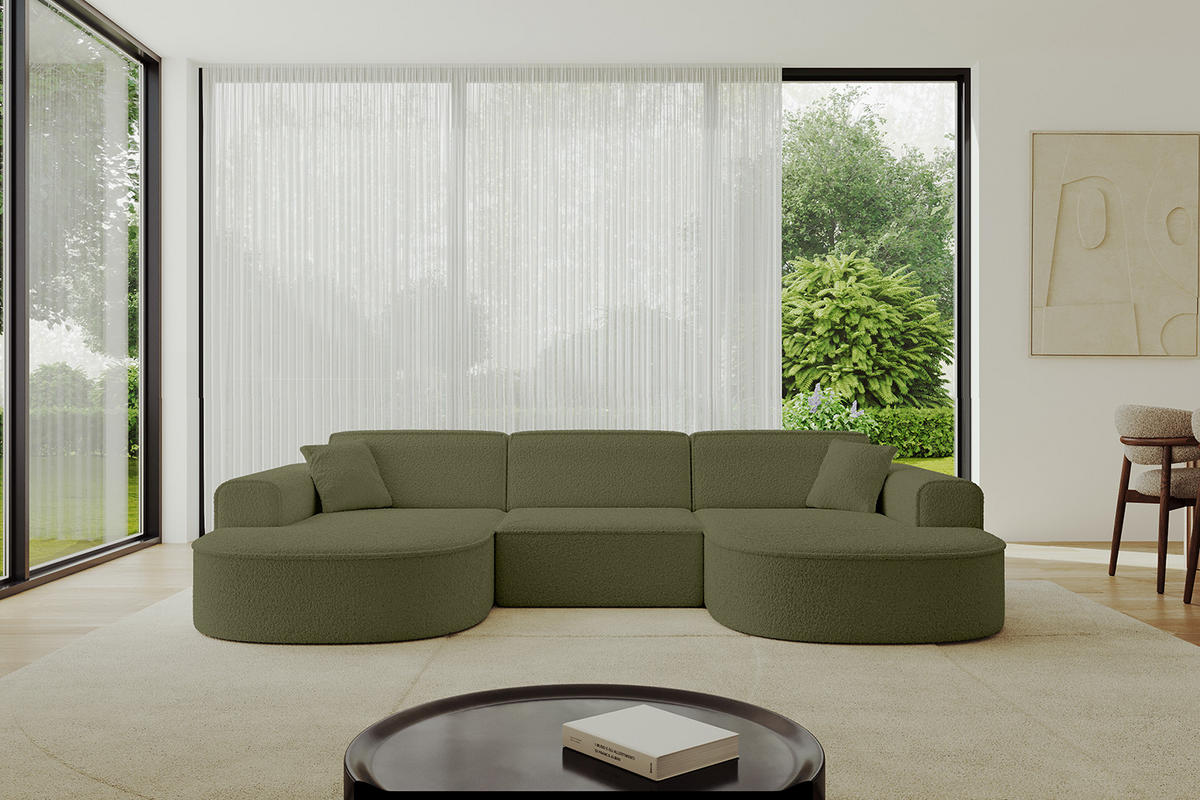 WOHNLANDSCHAFT MARI-U1 - 295x163x73,5 cm Grün Bouclé - Schwarz/Grün, Holzwerkstoff/Kunststoff (295/73.5/163cm) - ALTDECOR
