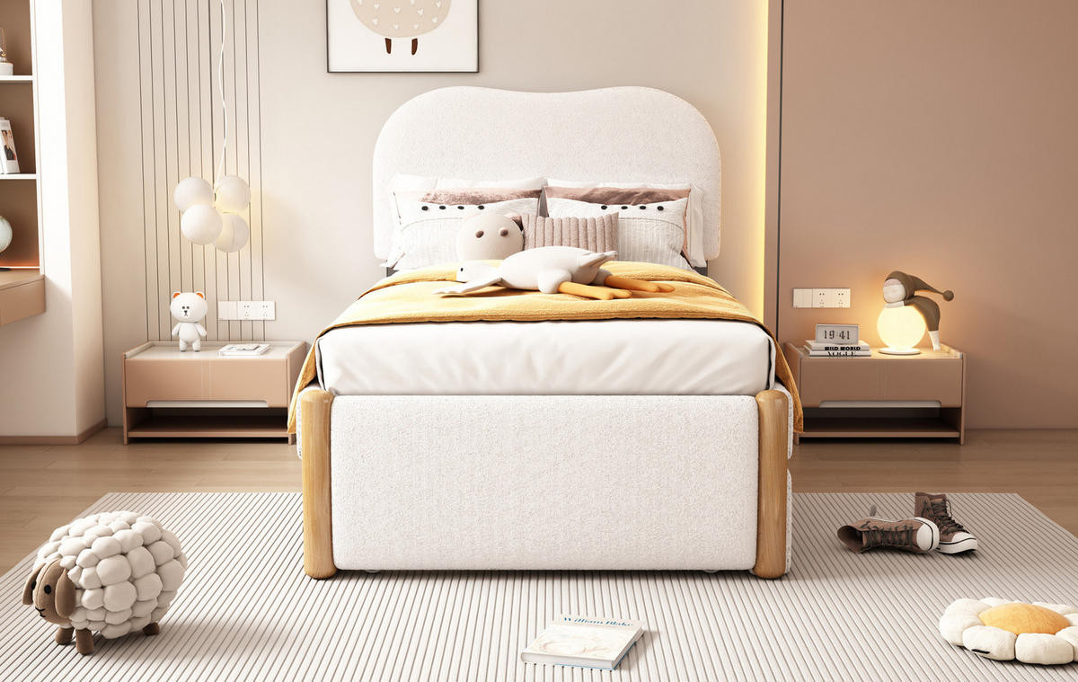 POLSTERBETT 90/200 cm Weiß aus Plüsch mit ausziehbarem Rollbett - Weiß, Textil (90/200cm) - OKMYHOME