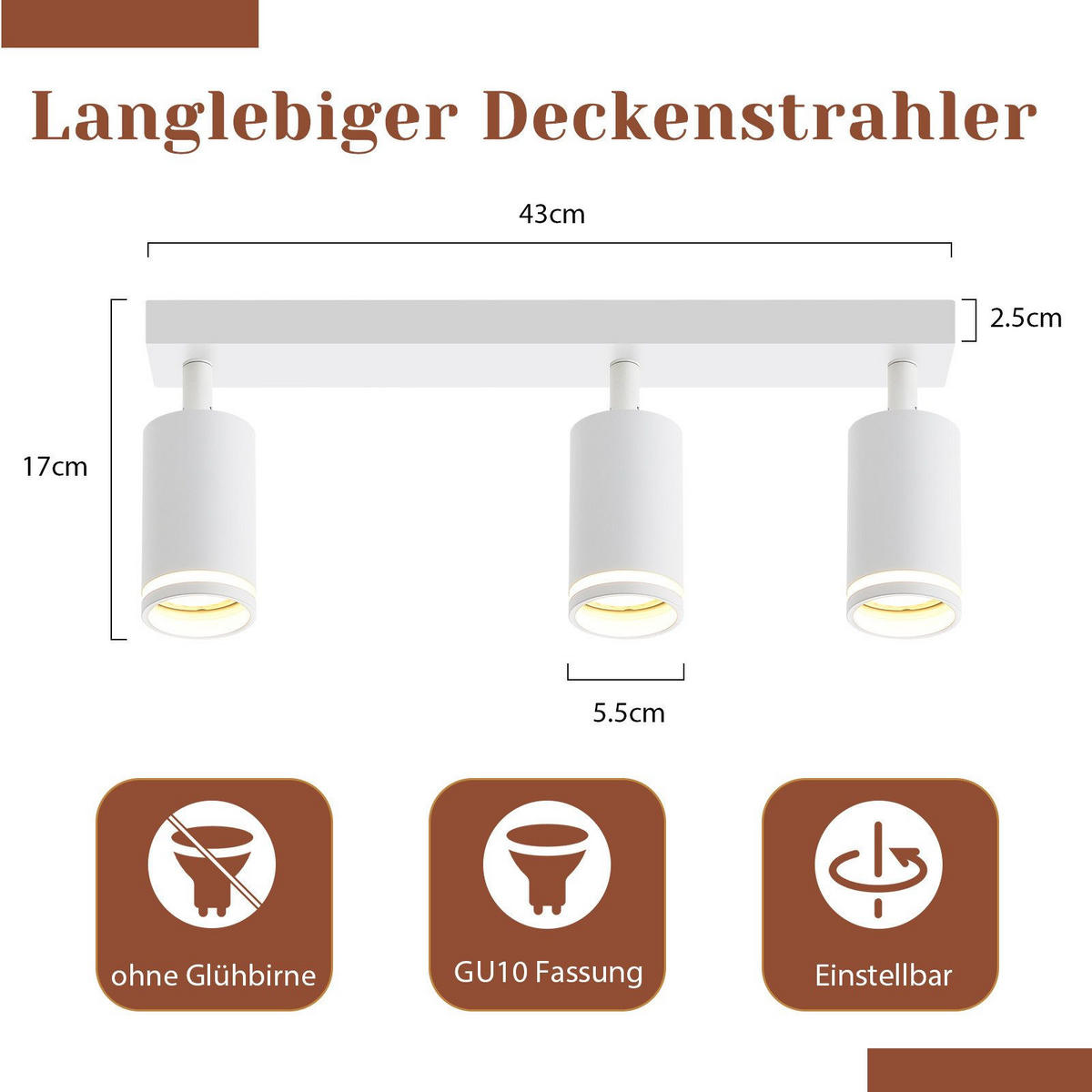 STRAHLER Staffelstein 3-flammig 43/5/17 cm - Weiß, Metall (43/5/17cm) - Nettlife