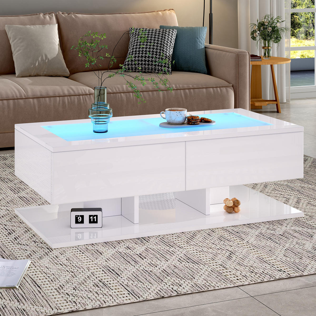 COUCHTISCH 100/50/35 cm aus Spanplatte mit Glasplatte, 2 Schubladen und LED-Beleuchtung, Weiß - Weiß, Holzwerkstoff (100/50/35cm) - Redom