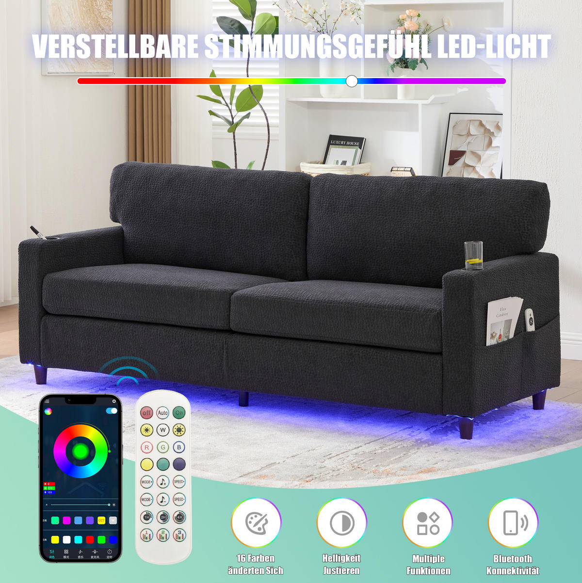 ZWEISITZER Sofa Chenille mit USB-Anschluss LED-Licht und Getränkehaltern 203/77,5/86 cm Dunkelgrau - Dunkelgrau, Textil (77.5/86/203cm) - Redom