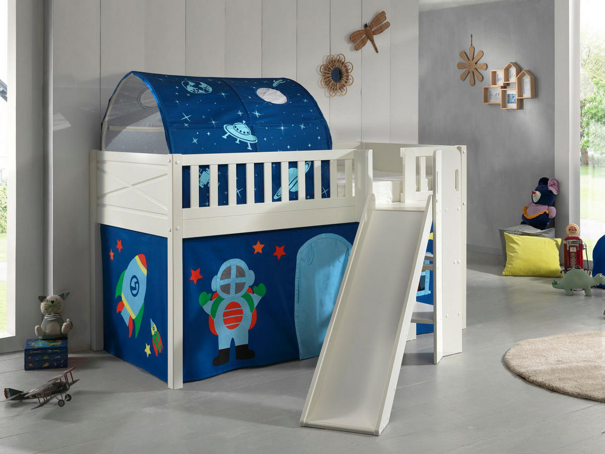 HOCHBETT mit Rutsche Karyl Massivholz Weiß Textilset Astro 2 - Blau/Weiß, Holz (90/200cm) - 58aufmkessel