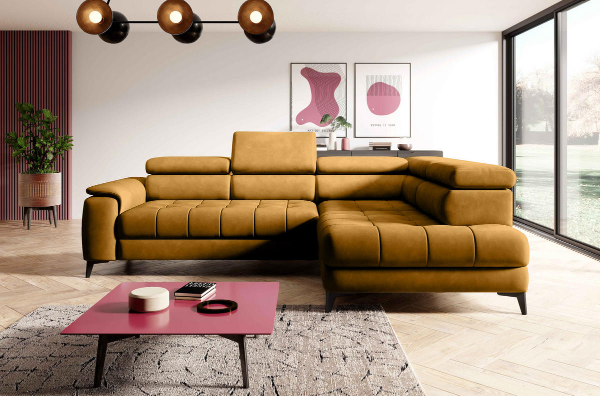 ECKSOFA CHIVAS Freistehend , Schlaffunktion, 278×197×76/98 cm, Stoff - Element, Gold, Rechts Seite - Goldfarben/Schwarz, Holz/Textil (197/278cm) - DomoHome