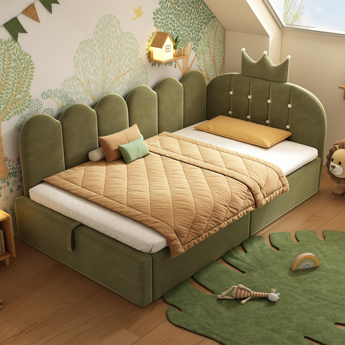 POLSTERBETT 90/200 cm mit hydraulischem Stauraum und Kronen-Gitter-Design, Grün - Grün, Holz (90/200cm) - Redom