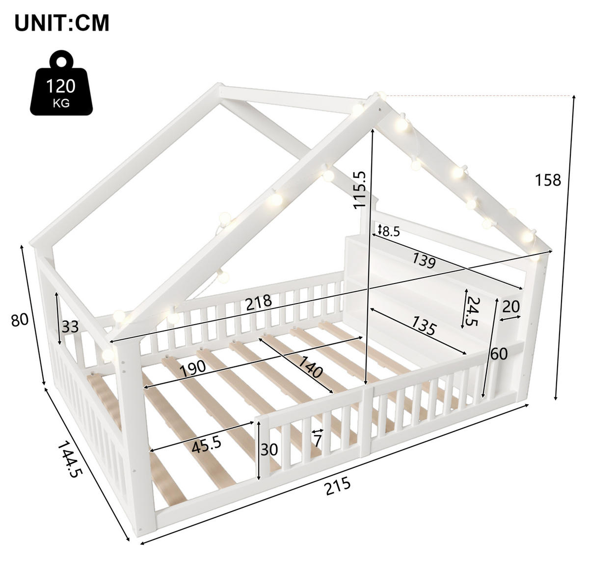 HAUSBETT 140/190 cm Weiß aus Kiefernholz und MDF mit Schutzgitter und Seitenregal - Weiß, Holz (140/190cm) - OKMYHOME