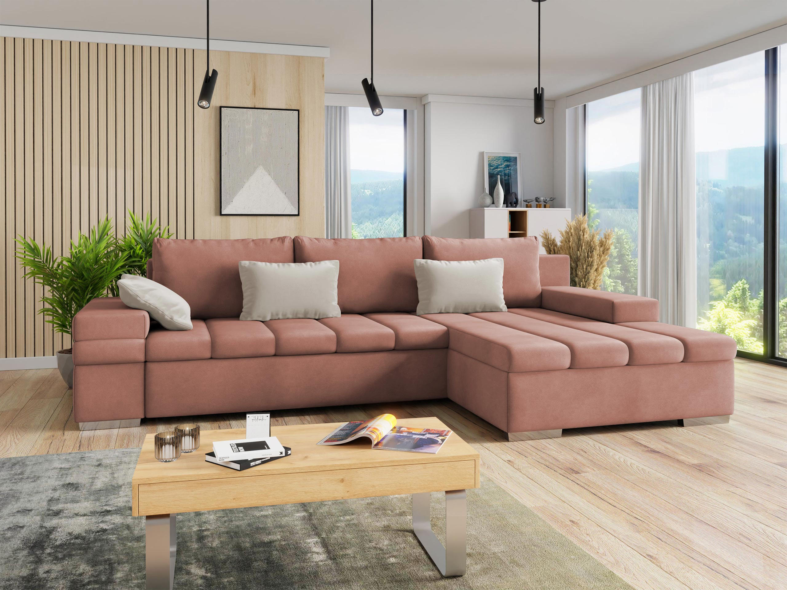 ECKSOFA Bangkok, Seite: Rechts - Silberfarben/Rosa, Holz/Textil (310/175cm) - MIRJAN24