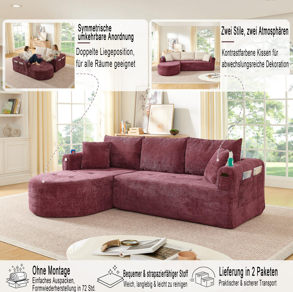 ECKSOFA in L-Form mit Edelstahl-Becherhalter, Seitentaschen und montagefreiem Design, Bordeauxrot - Bordeaux, Textil (255/170cm) - Redom
