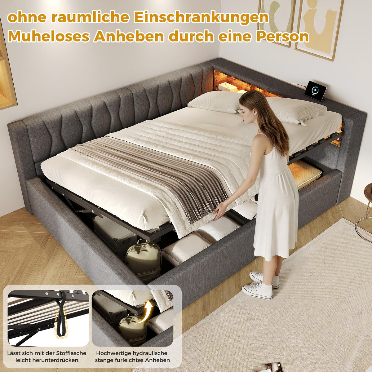 DENNÍ POSTEL 140x200cm Pohovka Úložná LED USB Šedá - šedá, přírodní materiály (140/200cm) - FLIEKS