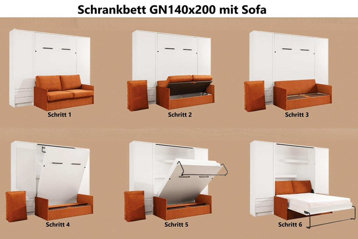 SCHRANKBETT Wandbett GN 140x200 weiß hochglanz mit LED & Sofa - Nussbraun - Weiß Hochglanz/Nussbaumfarben, Holz/Holzwerkstoff (140/200cm) - QMM TraumMöbel