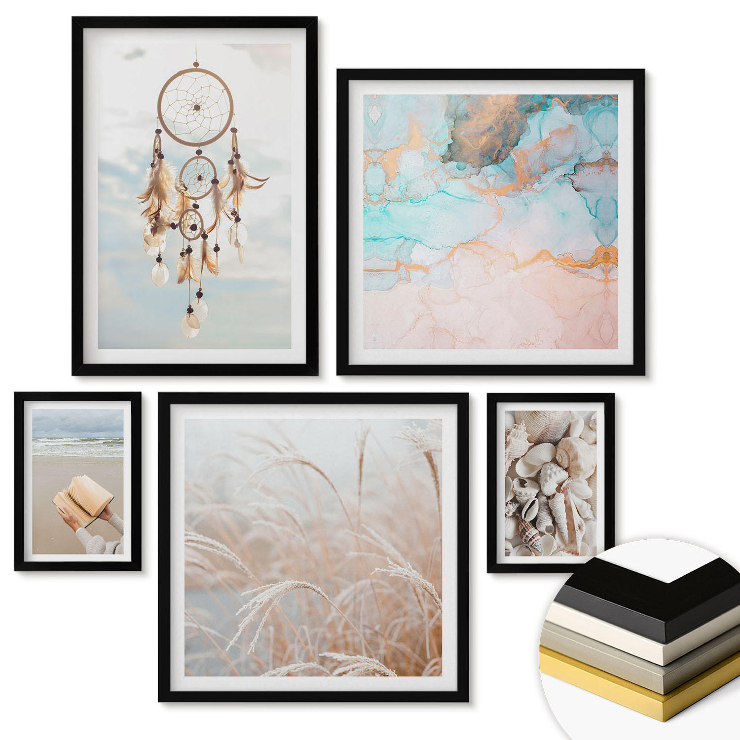 WANDBILDER 5er-Set - 50x50 cm & 20x30 cm & 40x60 cm Schwarzer Rahmen - Stadtansichten, Brücken, Eiffelturm, Auto - Schwarz, Kunststoff (40/60cm) - ArtPrintCave