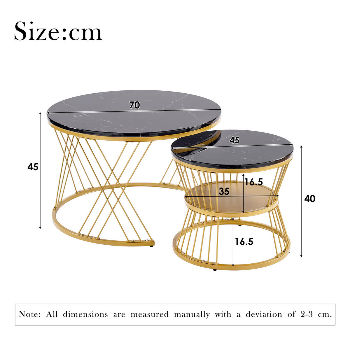 COUCHTISCH-SET 2-teilig 70/70/47 cm Schwarz in Marmoroptik mit Goldgestell platzsparend - Schwarz, Holzwerkstoff (70/70/45cm) - OKWISH