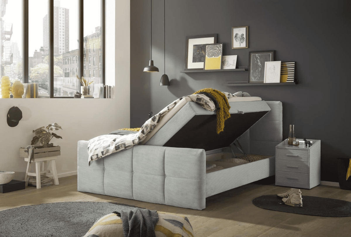 BOXBETT Breitcord, 7-Zonen-Tonnentaschen-Federkernmatratze, HR-30 Topper, Bettkasten - Salbeigrün/Hellgrau, Holz/Kunststoff (180/200cm) - ed exciting design